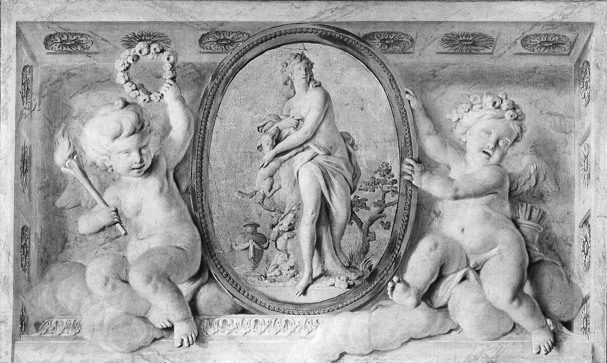 Pair of overdoors with Diana or a Nymph in an oval medallion supported by amorini, French Painter  , 18th century, Oil on canvas, grisaille, French