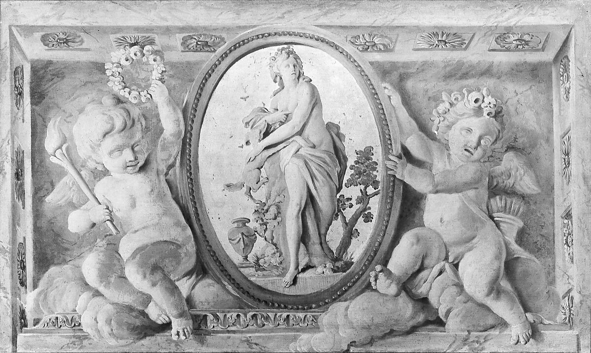 Pair of overdoors with Diana or a Nymph in an oval medallion supported by amorini, French Painter  , 18th century, Oil on canvas, grisaille, French