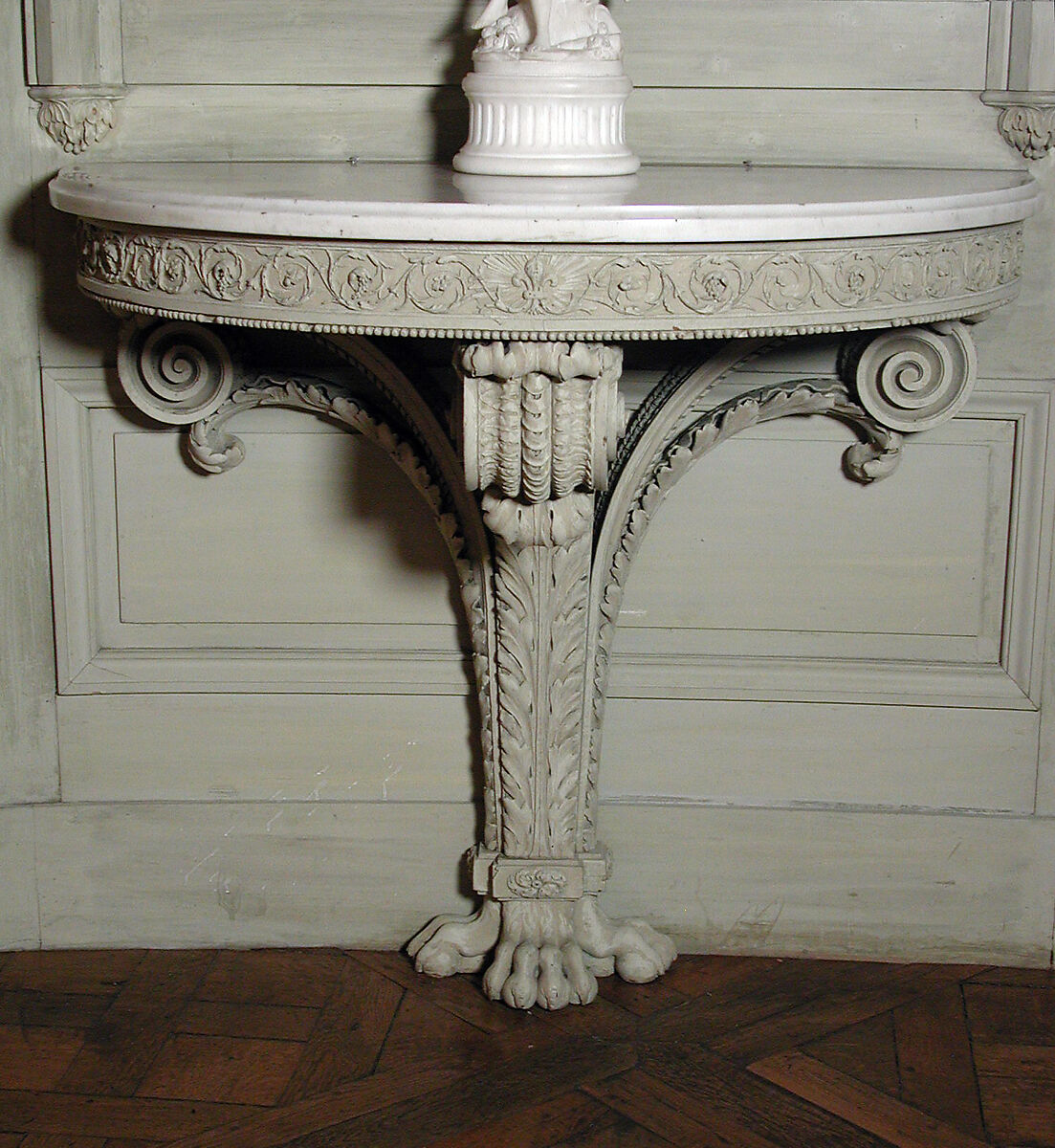 Console table, after a design by Richard de Lalonde (French, active Paris, 1780–90), Carved and painted oak; white marble top, French 