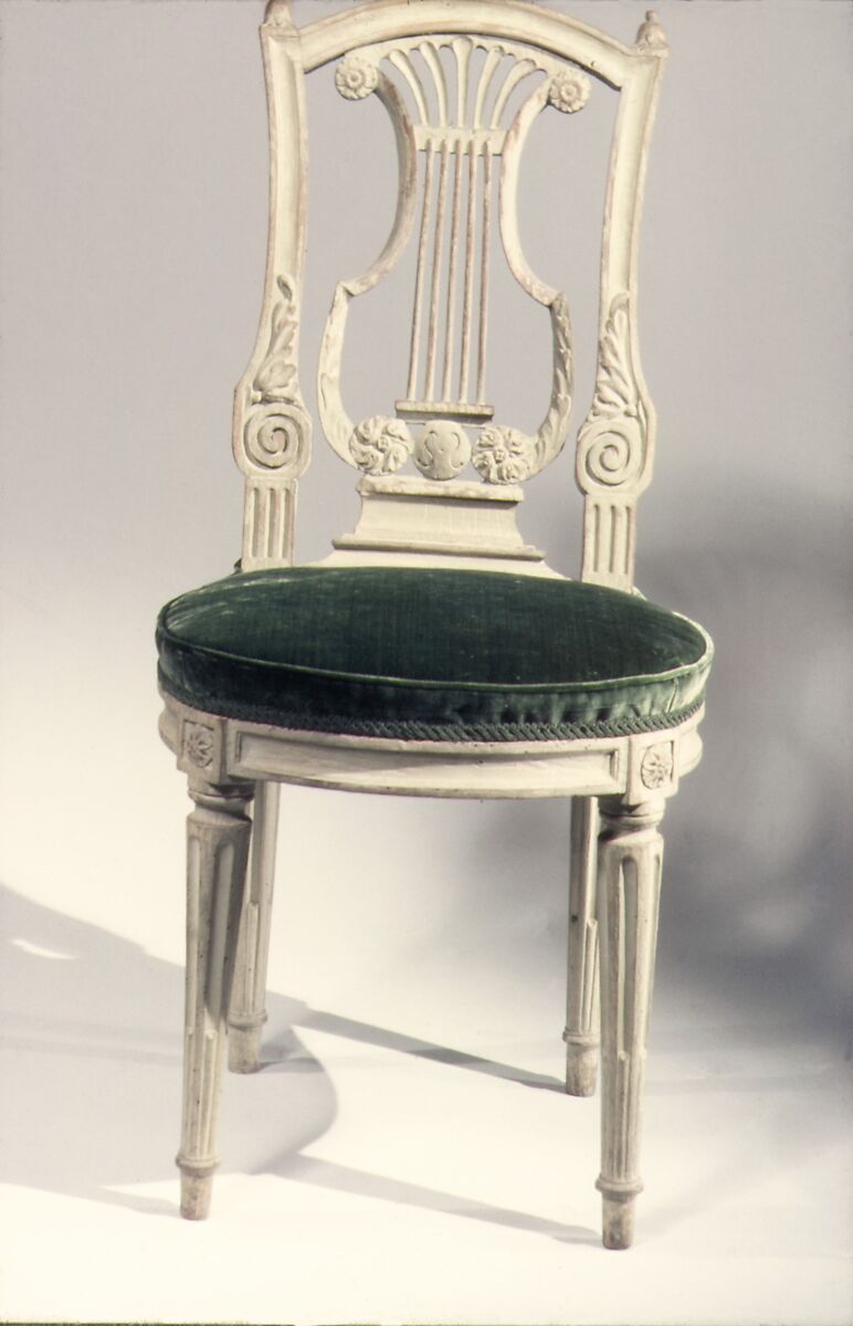 Side chair (one of a pair), Walnut, carved and painted grey; velvet upholstery, French
