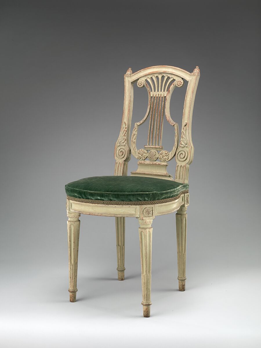 Side chair (one of a pair), Walnut, carved and painted grey; velvet upholstery, French 