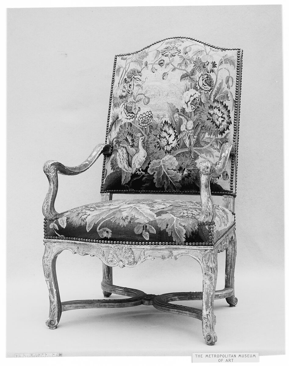 Armchair, Carved and gilded beech; wool and silk Aubusson tapestry covers, French 