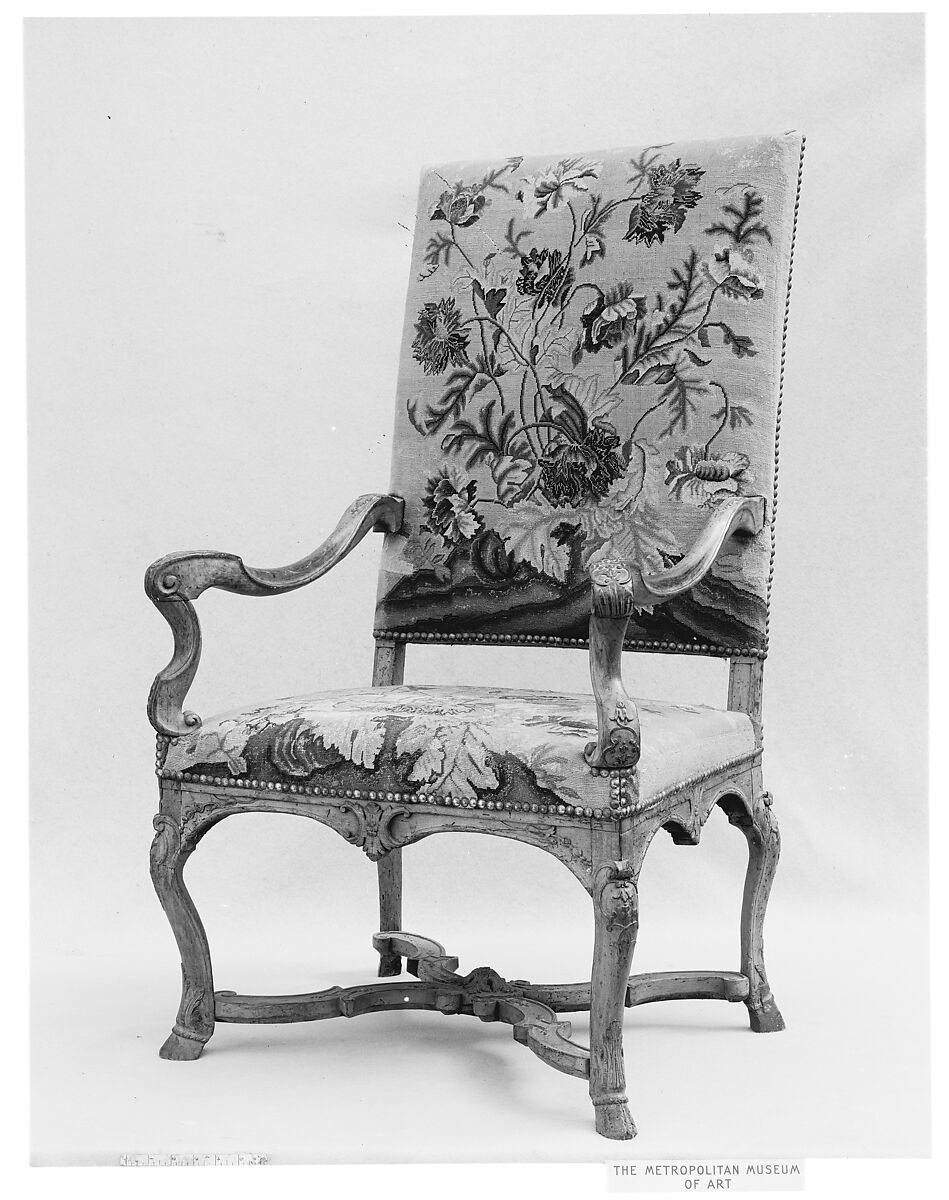 Armchair, Carved walnut, wax-polished; embroidered cover, French 