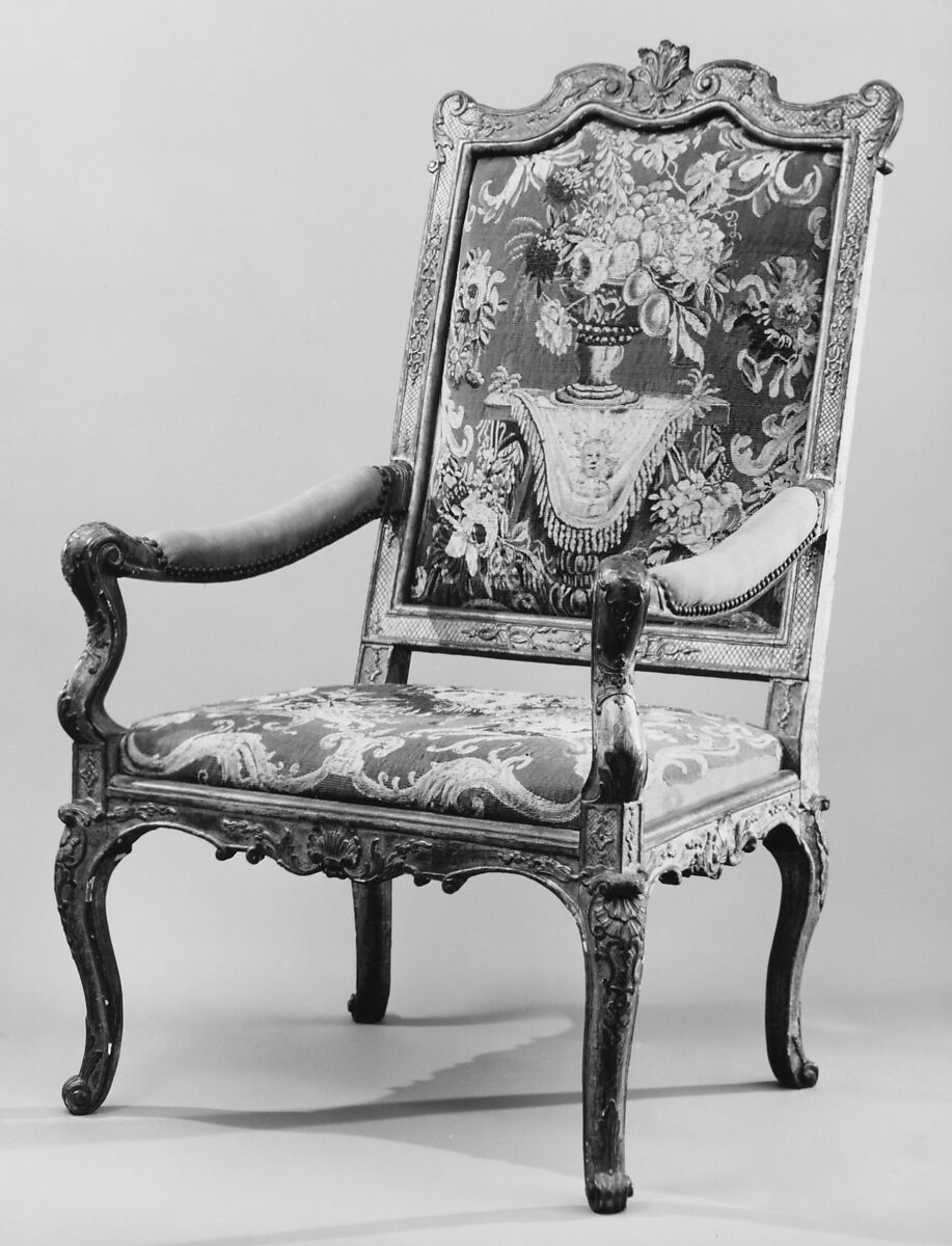 Armchair (fauteuil), Carved and gilded beechwood, wool Aubusson tapestry covers, French 