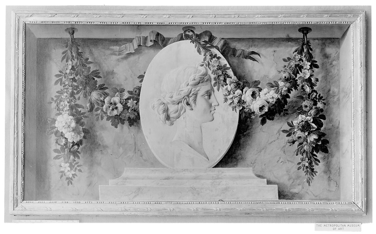 Female bust in an oval medallion draped with a garland (one of a pair), French Painter  , ca. 1770–75, Oil on canvas, French