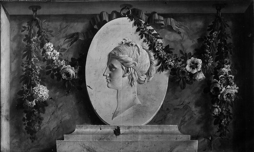 Female bust in an oval medallion draped with a garland (one of a pair)