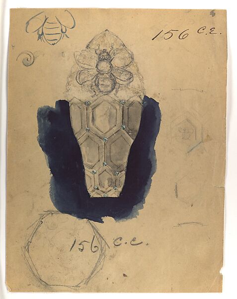 Design Drawing for Perfume Container Exhibited at 1893 Columbian Exposition in Chicago, Tiffany &amp; Co. (1837–present), Graphite, watercolor, ink wash, and ink on off-white wove paper, black ink on reverse, American 