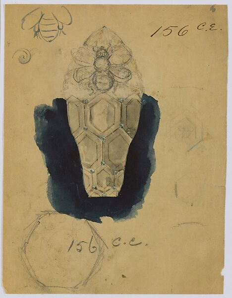 Design Drawing for Perfume Container Exhibited at 1893 Columbian Exposition in Chicago, Tiffany &amp; Co. (1837–present), Graphite, watercolor, ink wash, and ink on off-white wove paper, black ink on reverse, American