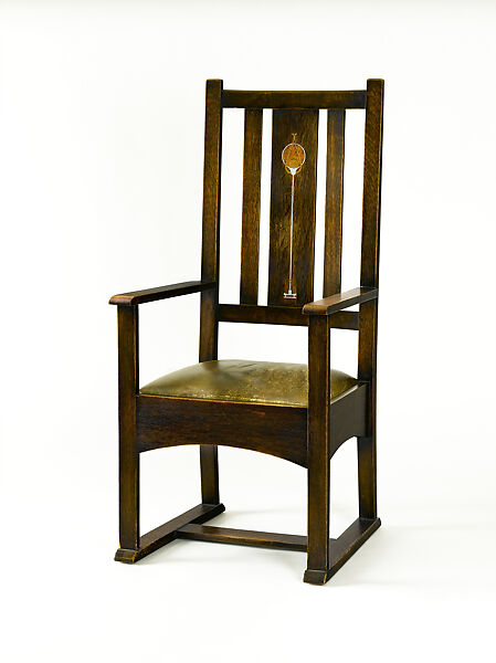 Armchair, Gustav Stickley (American, Osceola, Wisconsin 1858–1942 Syracuse, New York), Oak, pewter, copper and wood inlays. Leather seat., American