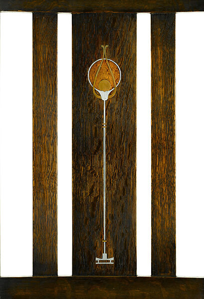 Armchair, Gustav Stickley (American, Osceola, Wisconsin 1858–1942 Syracuse, New York), Oak, pewter, copper and wood inlays. Leather seat., American