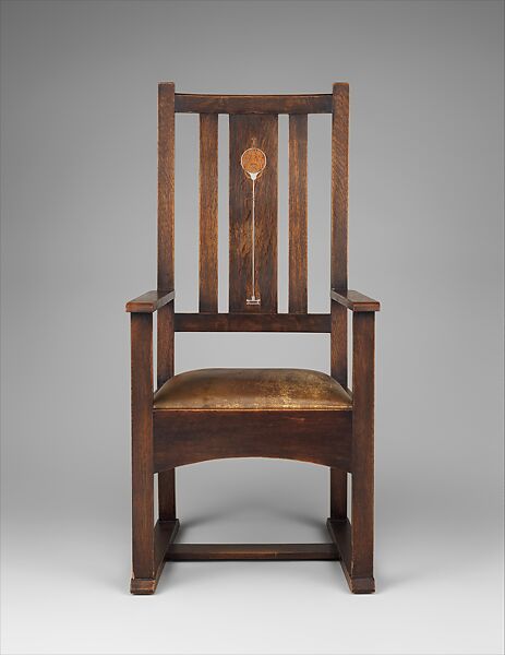 Armchair, Gustav Stickley (American, Osceola, Wisconsin 1858–1942 Syracuse, New York), Oak, pewter, copper and wood inlays. Leather seat., American 
