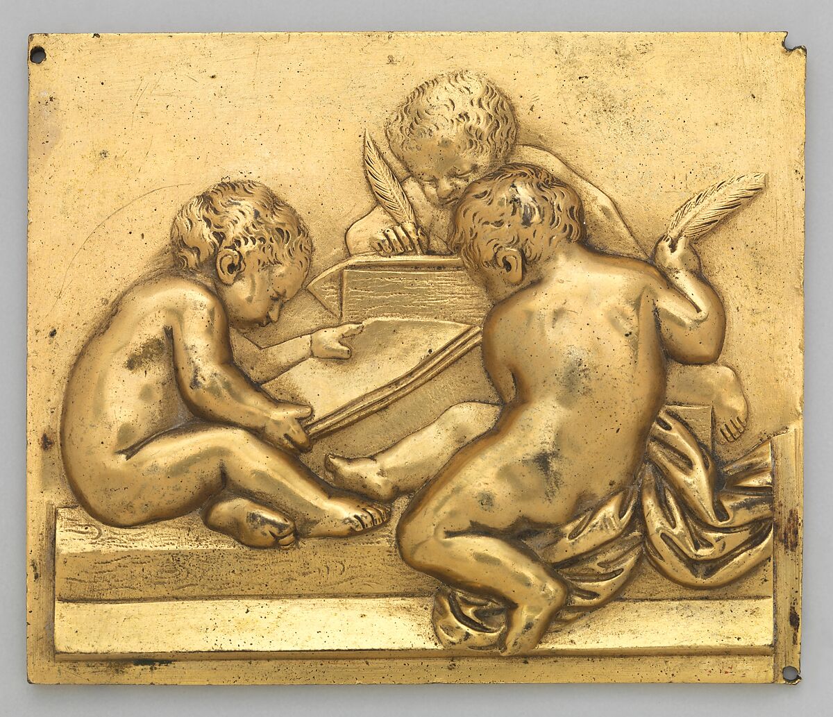 Frieze ornament depicting the theme of reading and writing, Gilt bronze, French or German