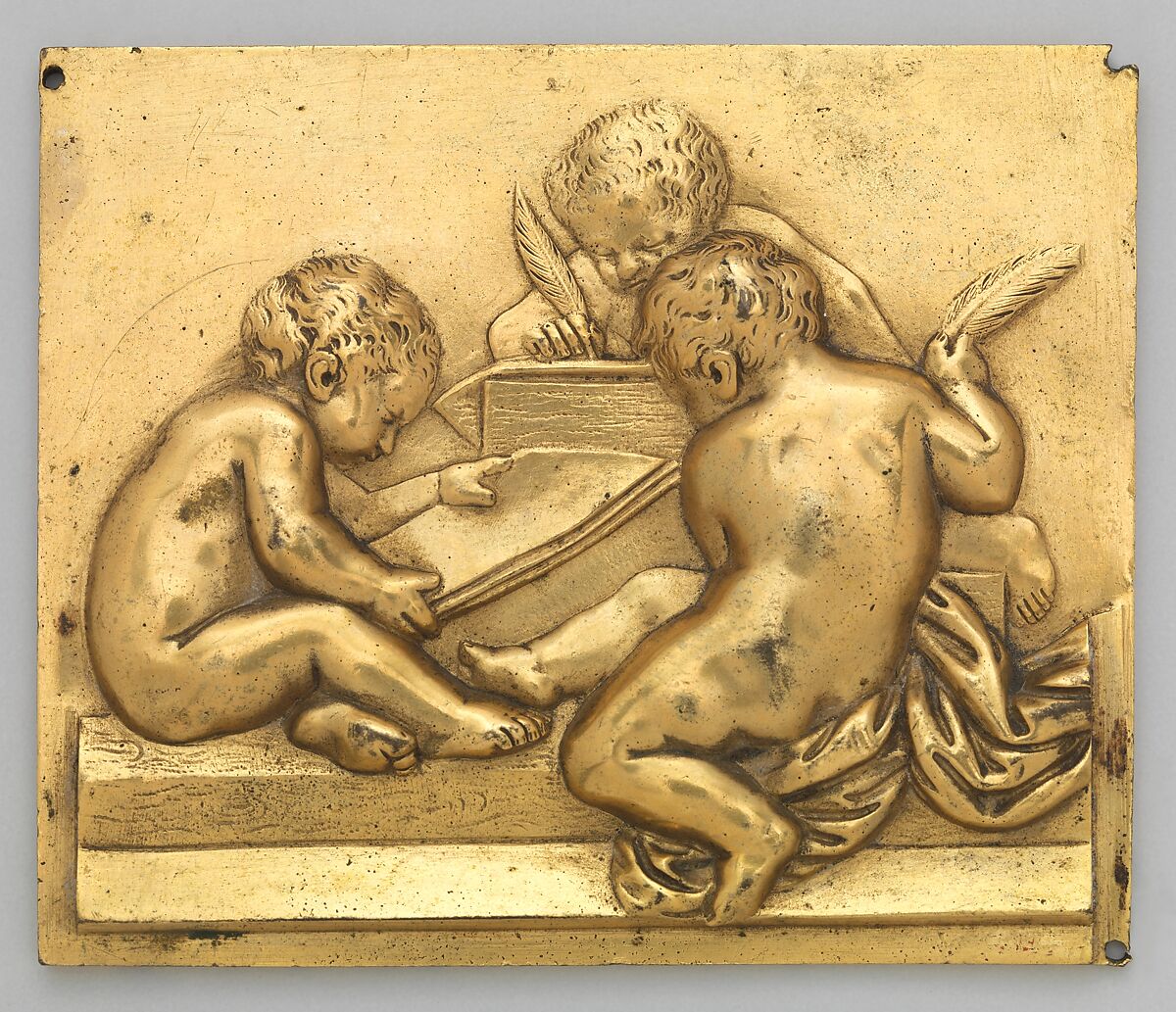 Frieze ornament depicting the theme of reading and writing, Gilt bronze, French or German 