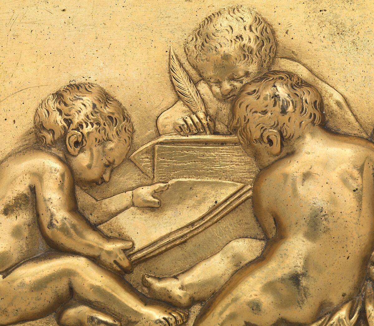 Frieze ornament depicting the theme of reading and writing, Gilt bronze, French or German