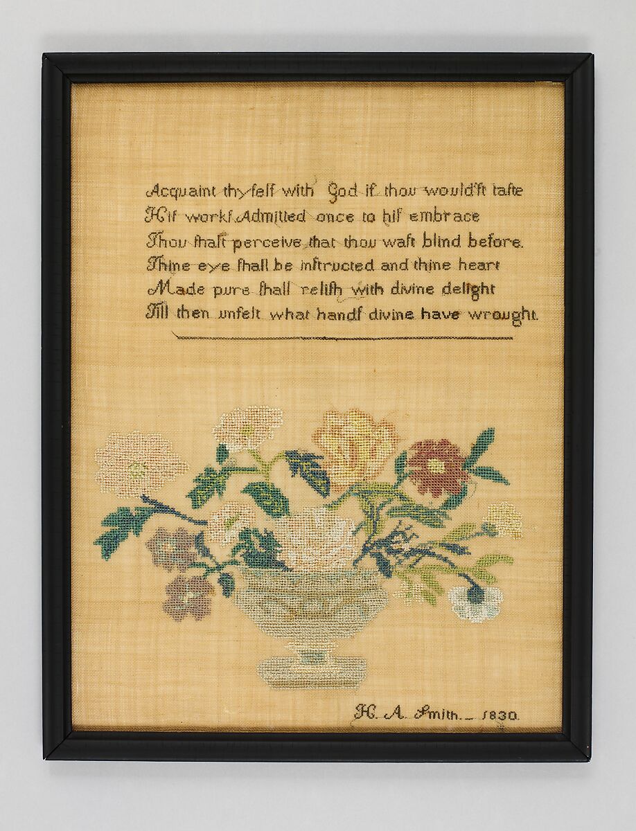 Embroidered sampler, Hannah Ann Smith (1821–1899), Embroidered silk on linen, American 