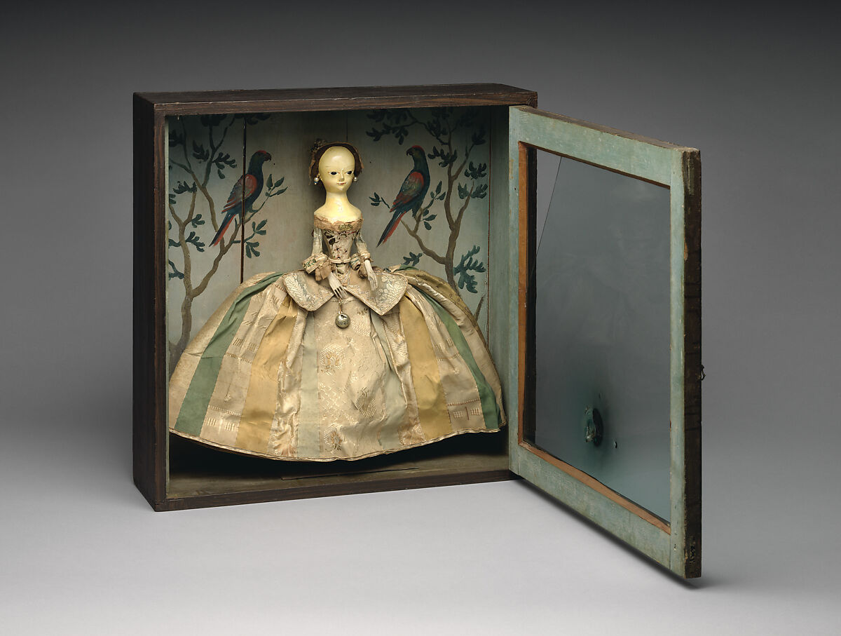 Doll in a box, Doll: Wood, paint, glass, silk, human hairBox: White pine, crown glass, paint, metal, British (Doll) and American (Box)
