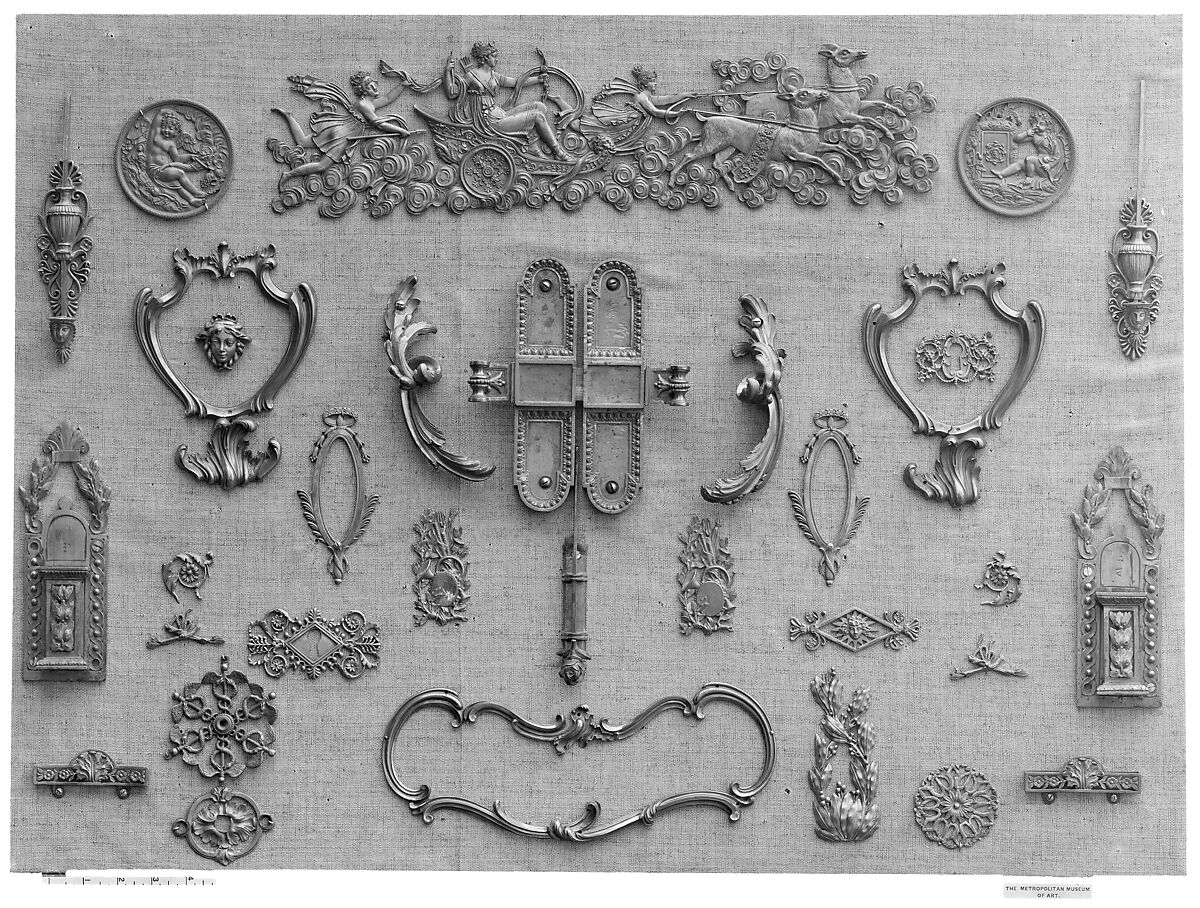 Set of three keyhole escutcheons, Gilt bronze, French