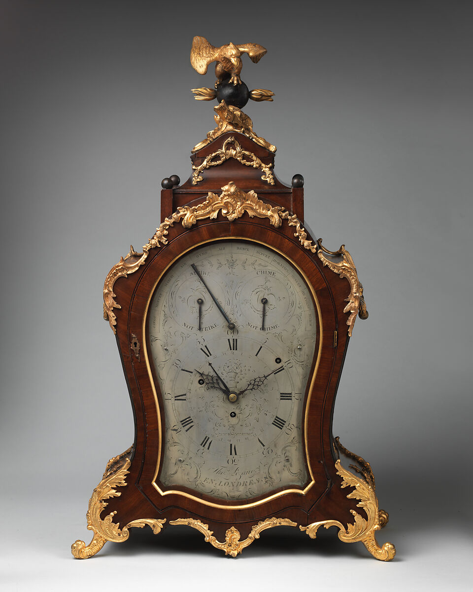 Musical bracket clock with calendar, Clockmaker: Thomas Lozano (active 1700–1715), Case and bracket: mahogany, with gilded-brass mounts; Dial: silvered brass, British, London 