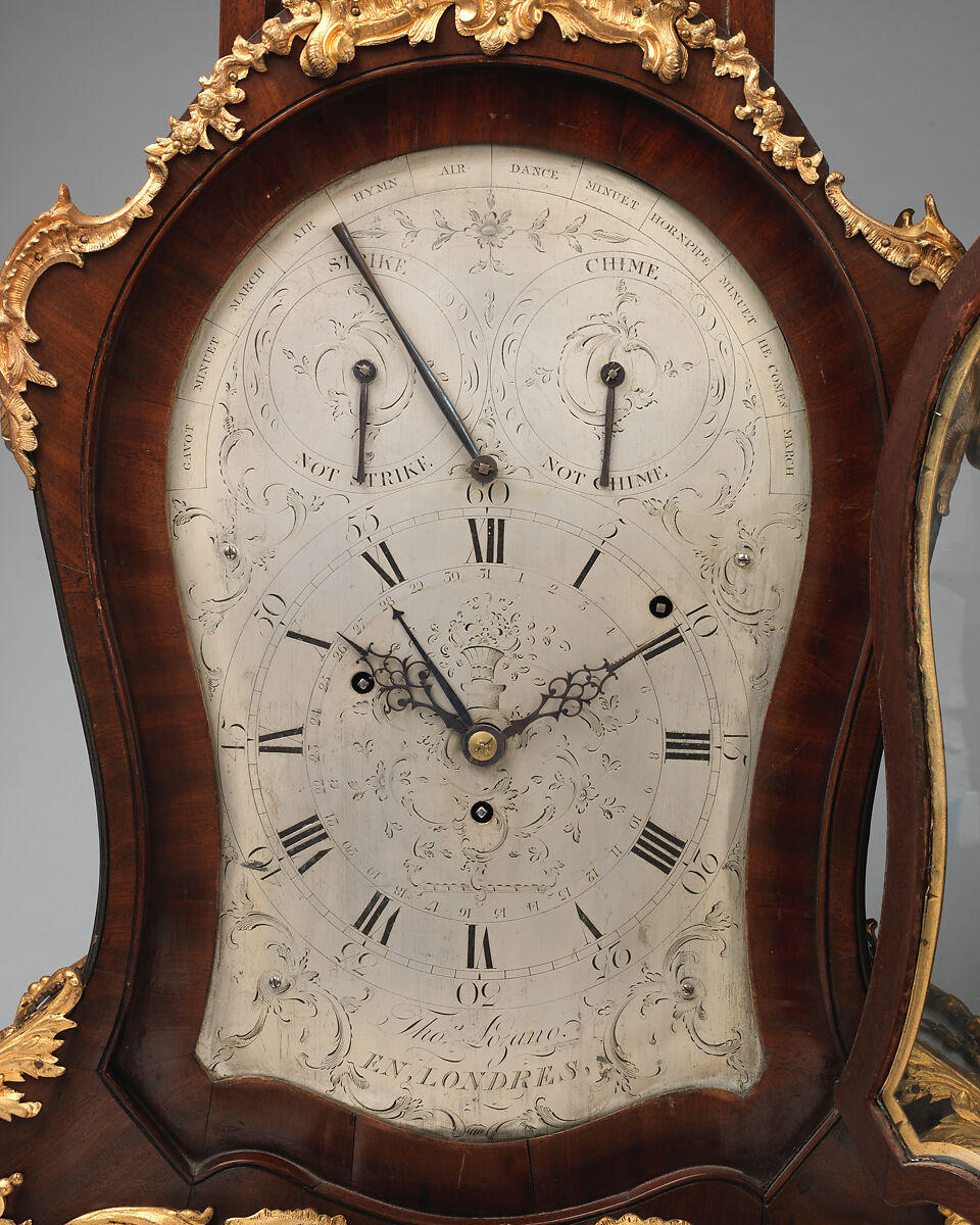 Musical bracket clock with calendar, Clockmaker: Thomas Lozano (active 1700–1715), Case and bracket: mahogany, with gilded-brass mounts; Dial: silvered brass, British, London