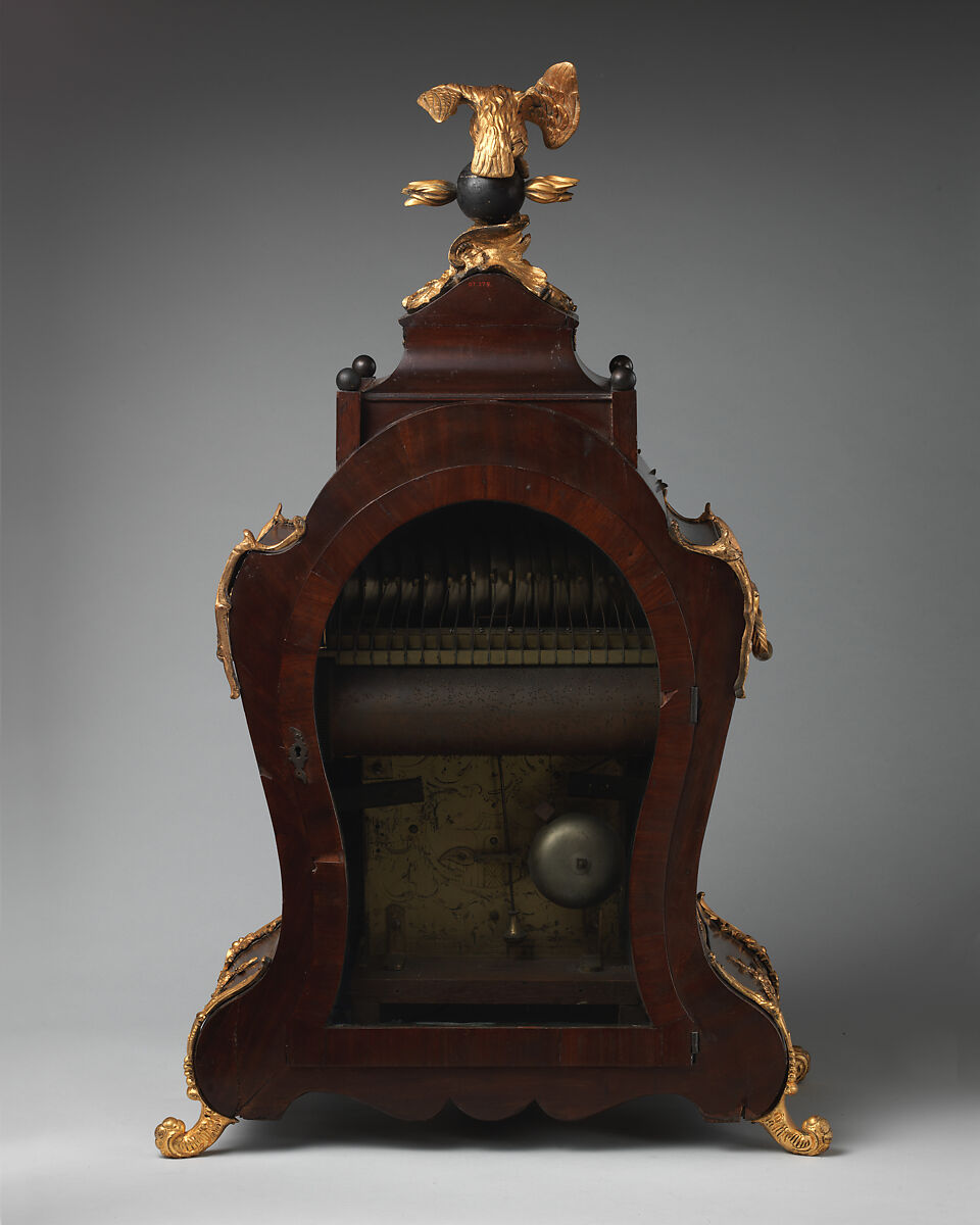 Musical bracket clock with calendar, Clockmaker: Thomas Lozano (active 1700–1715), Case and bracket: mahogany, with gilded-brass mounts; Dial: silvered brass, British, London
