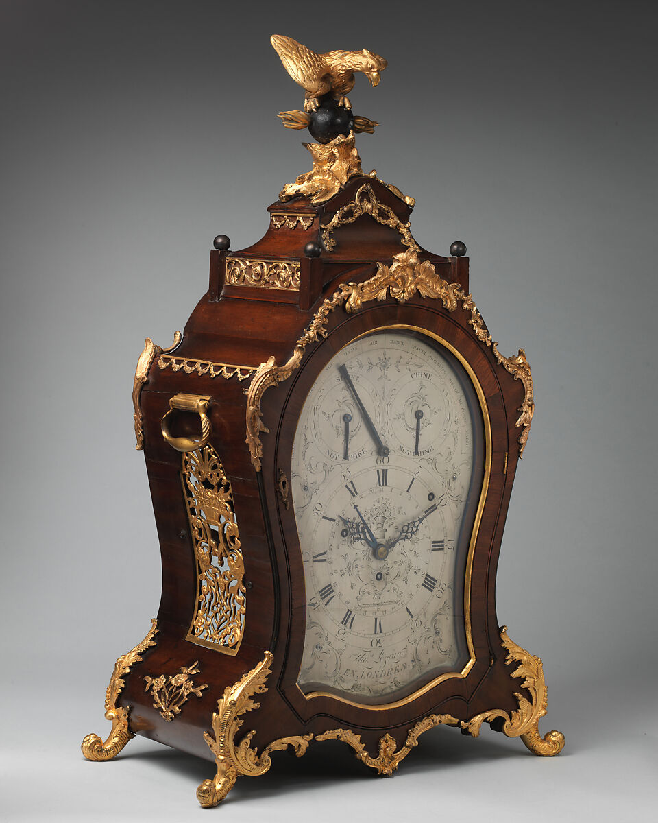 Musical bracket clock with calendar, Clockmaker: Thomas Lozano (active 1700–1715), Case and bracket: mahogany, with gilded-brass mounts; Dial: silvered brass, British, London