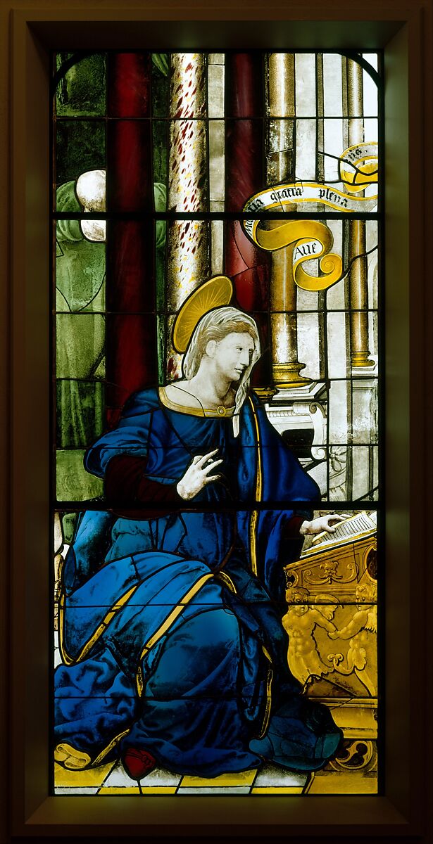 The Annunciate Virgin (one of a pair), Colored, stained, and enameled glass, French, Paris 