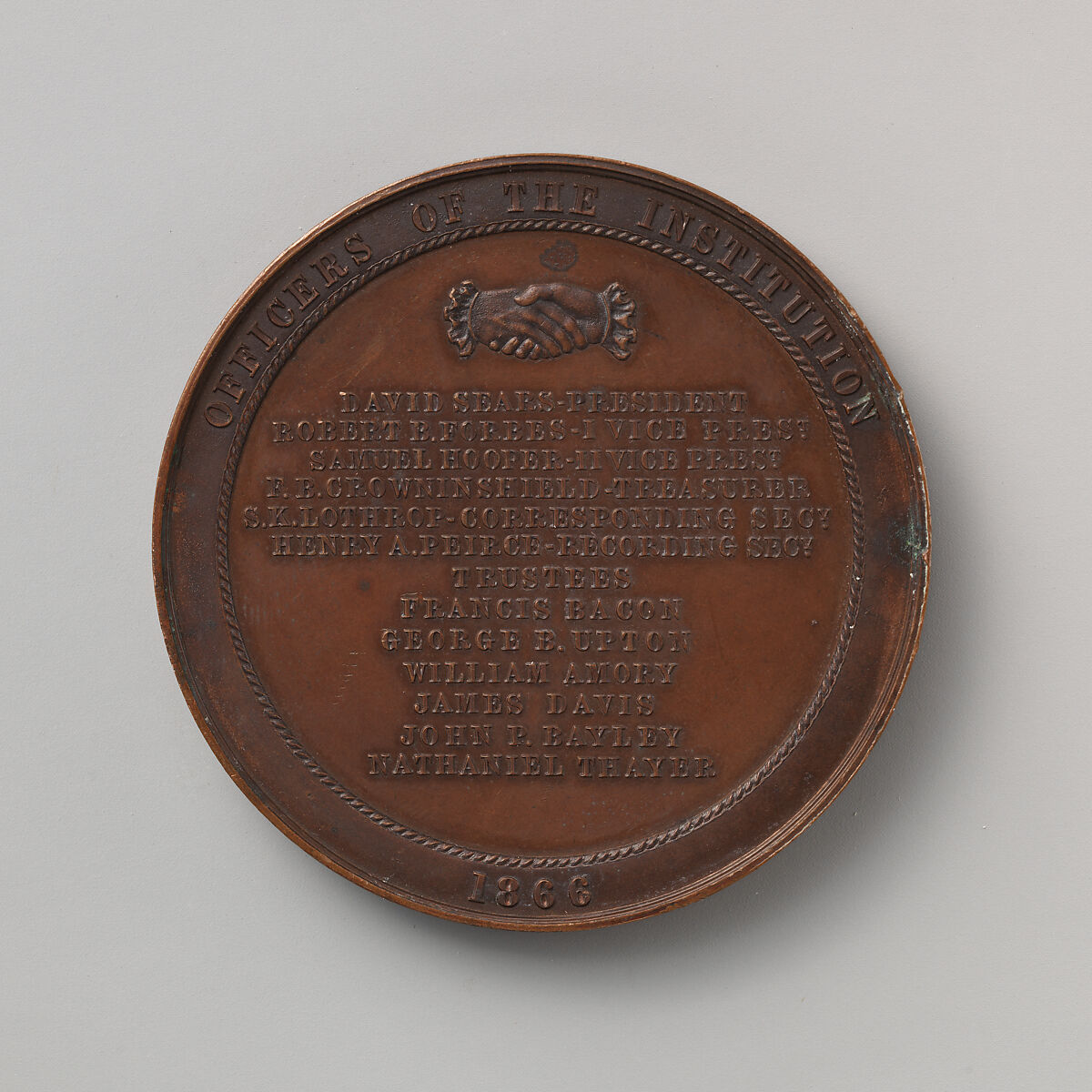 Award of the Massachusetts Humane Society, Medalist: possibly Benjamin Wyon (British, London 1802–1858 London), Bronze, British
