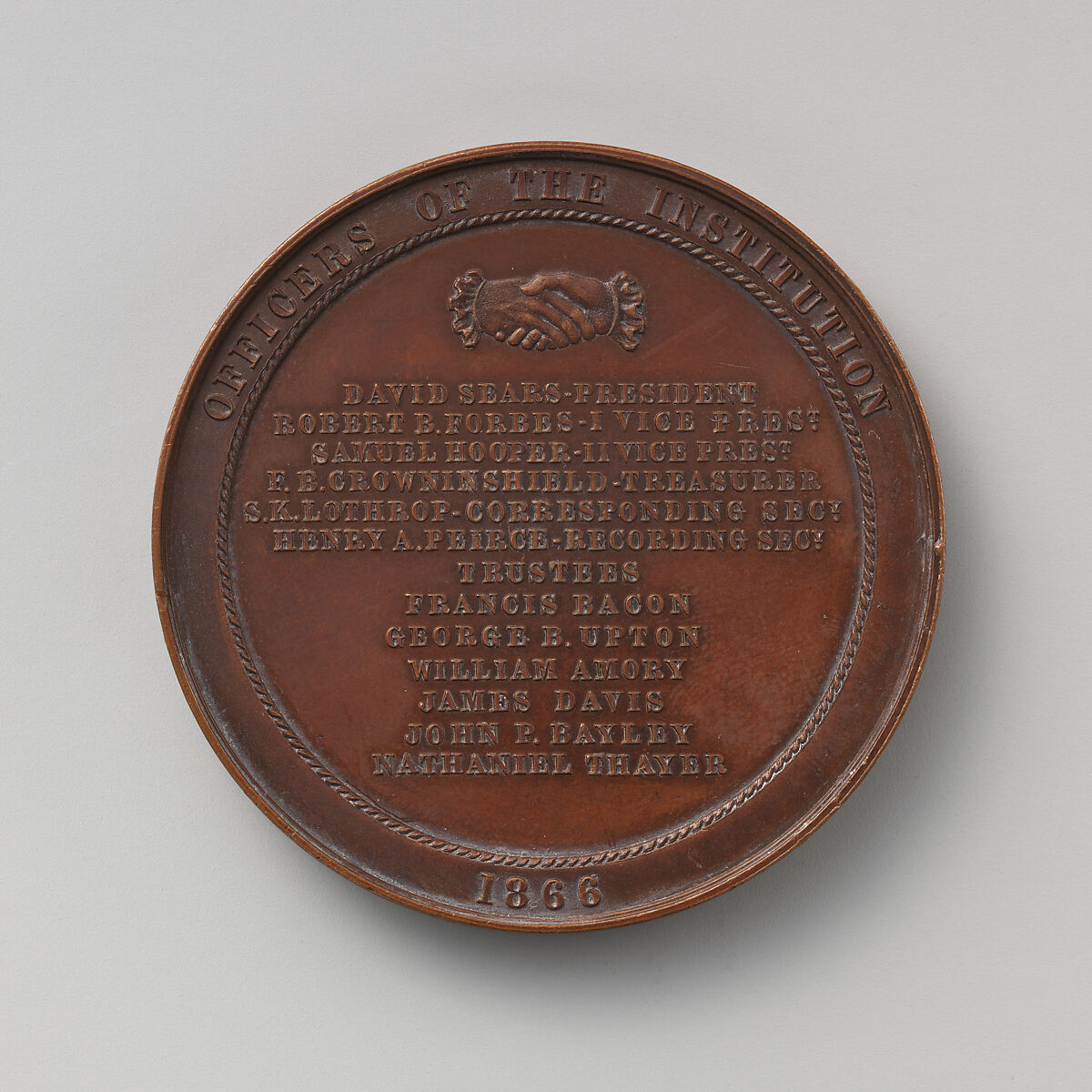 Award of the Massachusetts Humane Society, Medalist: Benjamin Wyon (British, London 1802–1858 London), Bronze, struck, British