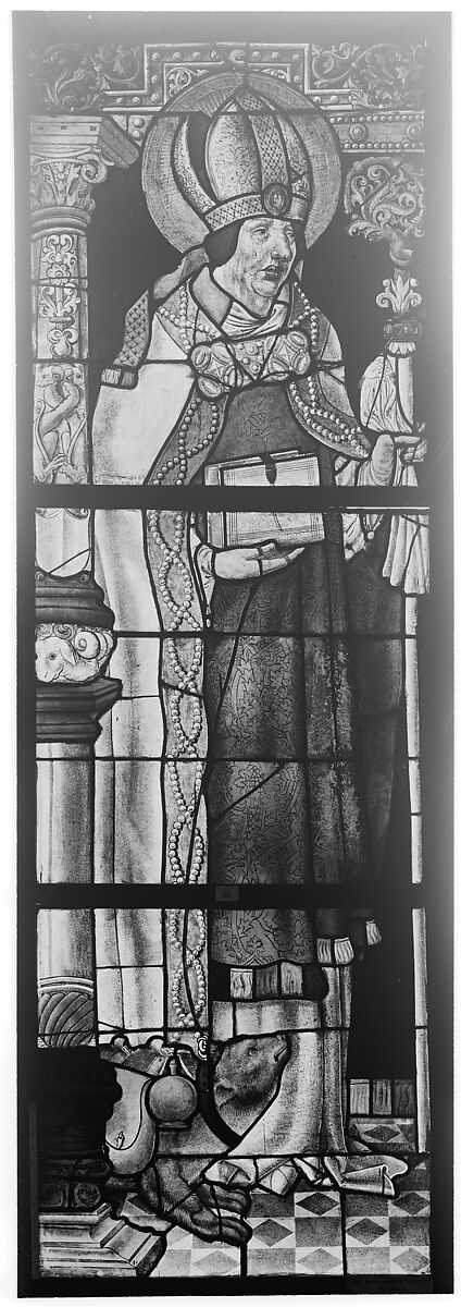Saint Maximin, Bishop of Trèves, with a bear (one of a pair), Stained glass; pot metal, white glass, vitreous paint, silver stain, German 