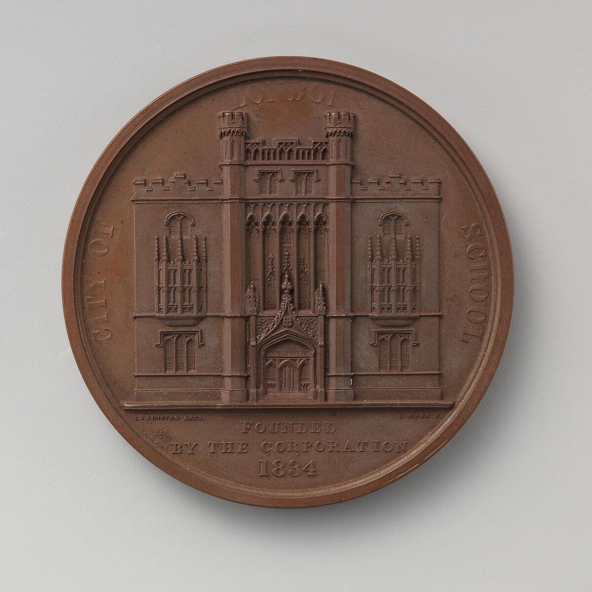 To Commemorate the Founding of the Free "City of London School" in 1834, Medalist: Benjamin Wyon (British, London 1802–1858 London), Bronze, struck, British 
