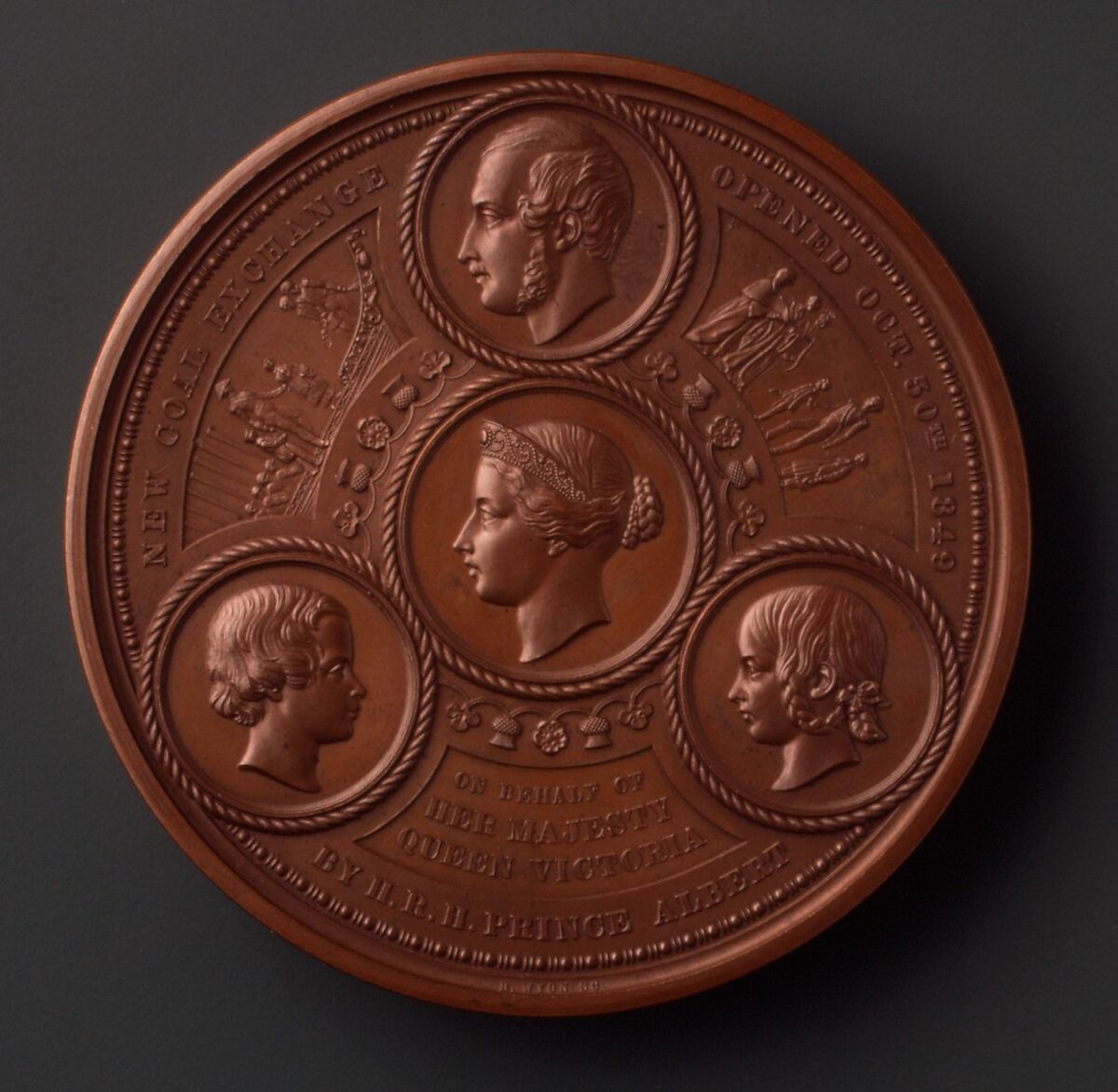 The Opening of the New Coal Exchange, on Behalf of the Queen, by Prince Albert, Accompanied by two of the Royal Children, the Prince of Wales and the Princess Royal, October 30, 1849, Medalist: Benjamin Wyon (British, London 1802–1858 London), Bronze, struck, British, London 