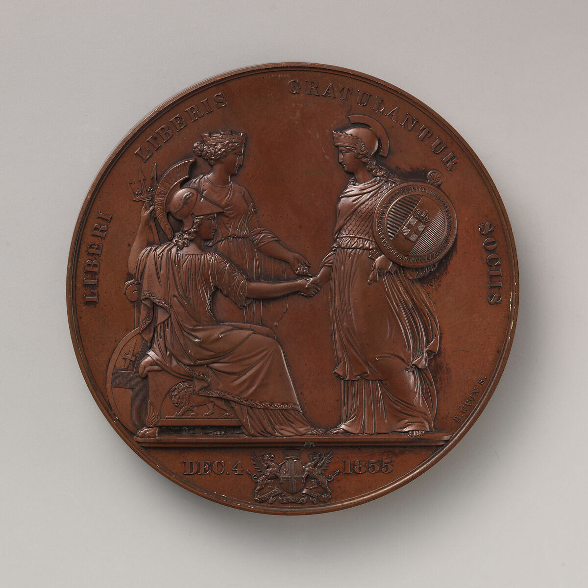 To Commemorate the Reception by the City of London of King Victor Emanuel, of Sardinia, December 4, 1855, Medalist: Benjamin Wyon (British, London 1802–1858 London), Bronze, struck, British