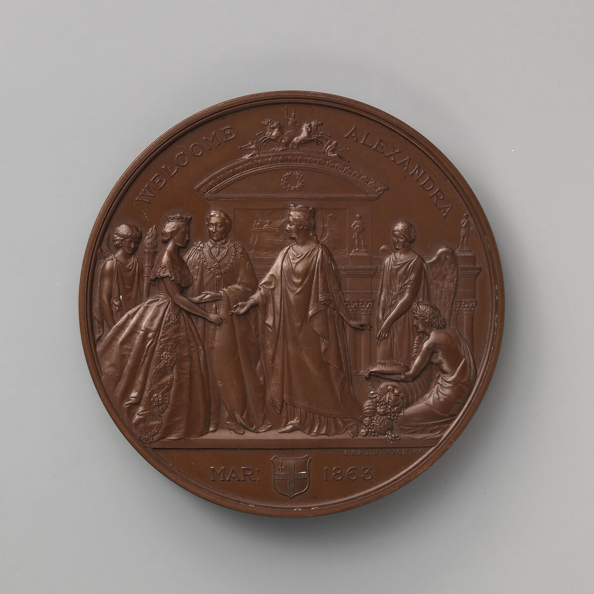 To Commemorate the Arrival in London of the Princess Alexandra of Denmark to Wed Albert Edward, Prince of Wales (Edward VII) in March, 1863, Medalist: Alfred Benjamin Wyon (British, London 1837–1884), Bronze, struck, British