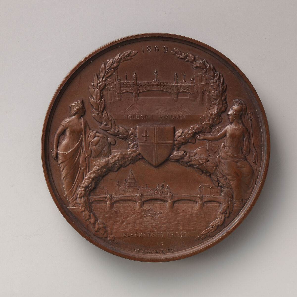 Medal commemorating the opening of the Blackfriars Bridge and Holburn Viaduct, by the Queen on November 6, 1869, Medalist: George Gammon Adams (British, Staines 1821–1898 Chiswick), Bronze, struck, British