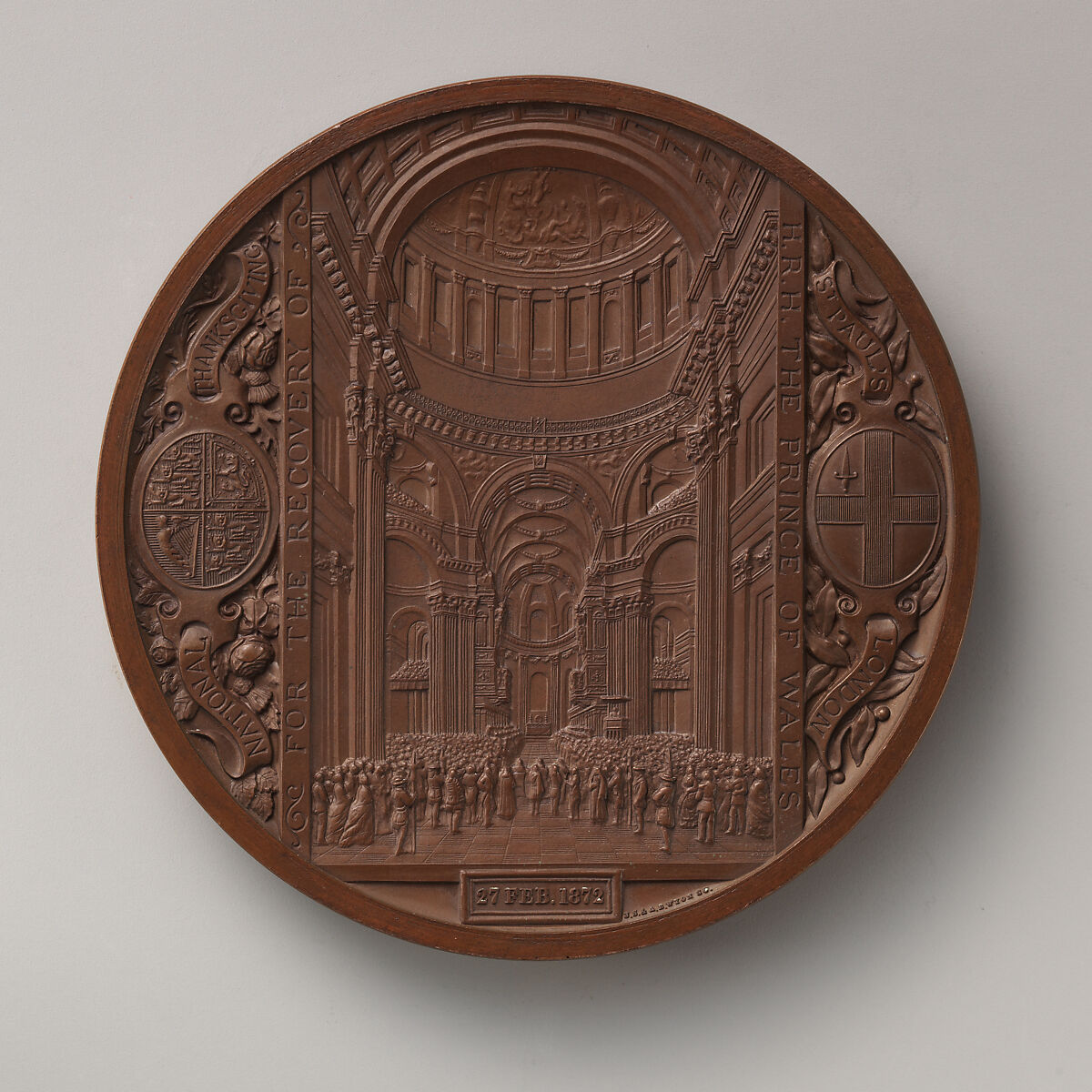 Thanksgiving Service at St. Paul's for the Recovery of the Prince of Wales from Typhoid Fever, February 27, 1872, Medalist: Alfred Benjamin Wyon (British, London 1837–1884), Bronze, struck, British