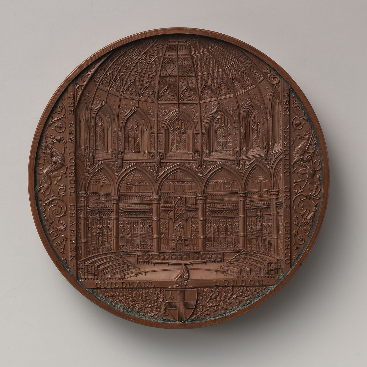 The Opening of the New Council Chamber of the Guildhall, London, October 2, 1884, Medalist: Joseph Shepherd Wyon (British, London 1836–1873 Winchester), Bronze, struck, British