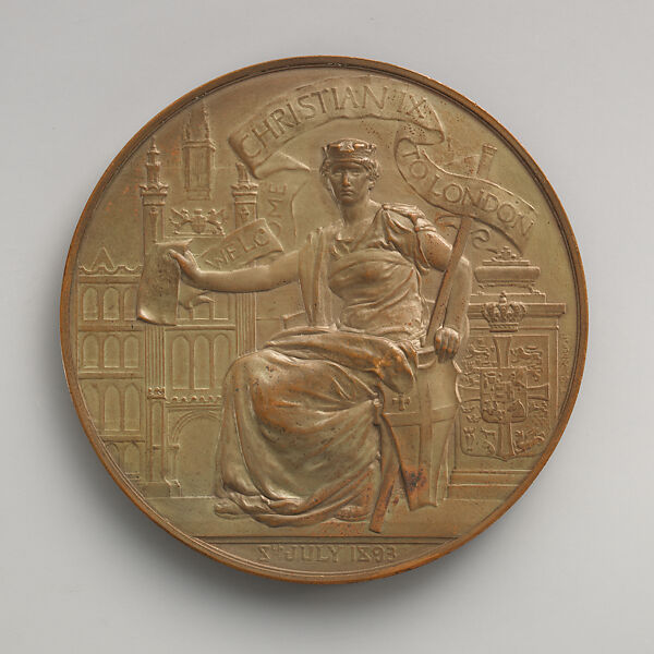 In Memory of the visit of King Christian IX and Queen Louisa of Denmark to the City of London, July 8, 1893, Medalist: Frank Bowcher (British, London 1864–1938 London), Gilt bronze, struck, British