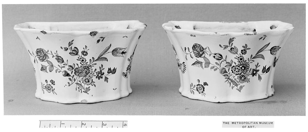 Pair of hyacinth pots, Faience (tin-glazed earthenware), French, Rouen 