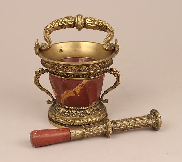 Holy-water stoup and sprinkler, Agate; silver-gilt mounts, British, after Italian original 