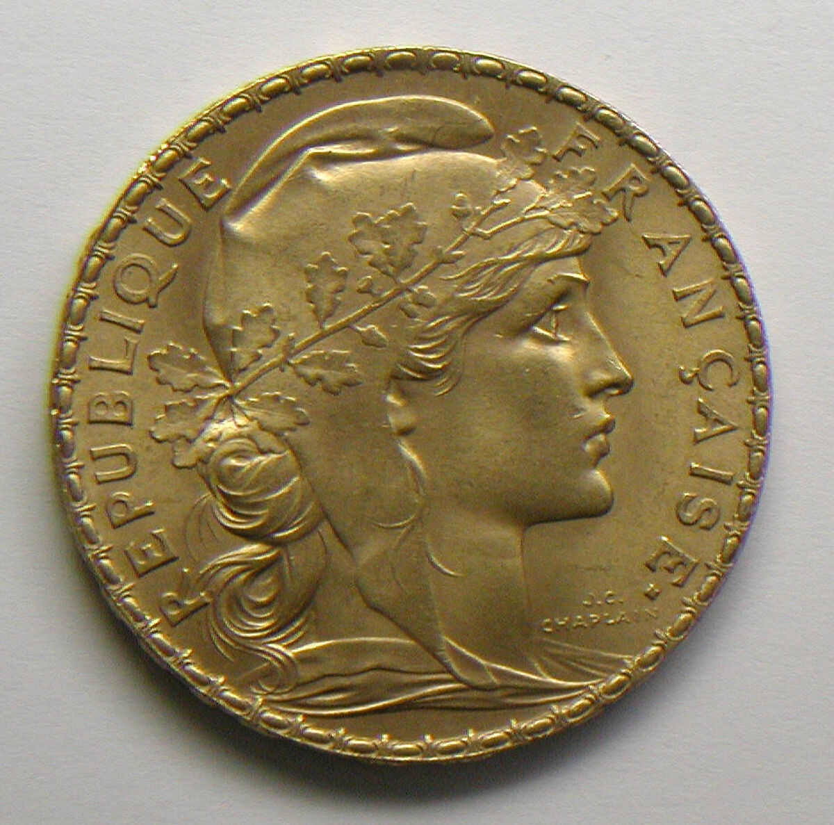 20-franc piece of the French Republic, 1907, Medalist: Jules-Clément Chaplain (French, Mortagne, Orne 1839–1909 Paris), Gold, French 