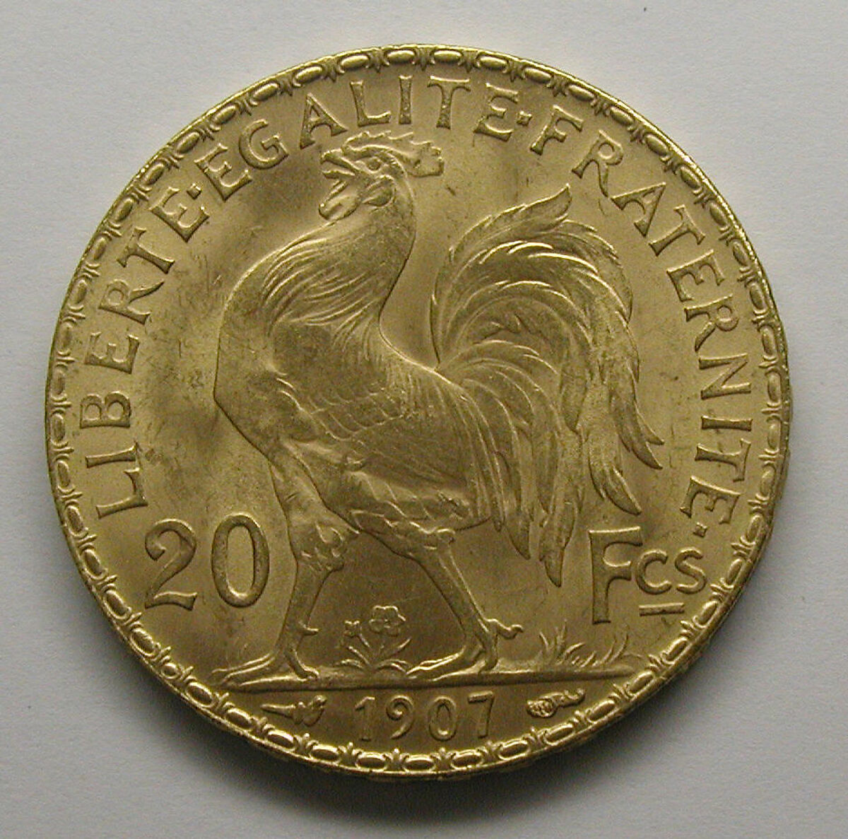 20-franc piece of the French Republic, 1907, Medalist: Jules-Clément Chaplain (French, Mortagne, Orne 1839–1909 Paris), Gold, French