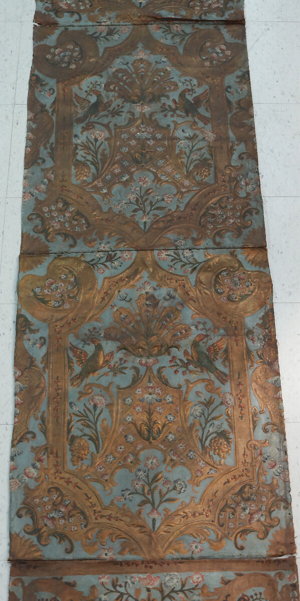 Wall hanging fragment, After a composition by Daniel Marot the Elder (French, Paris 1661–1752 The Hague), Stamped, gilded and painted leather, Dutch