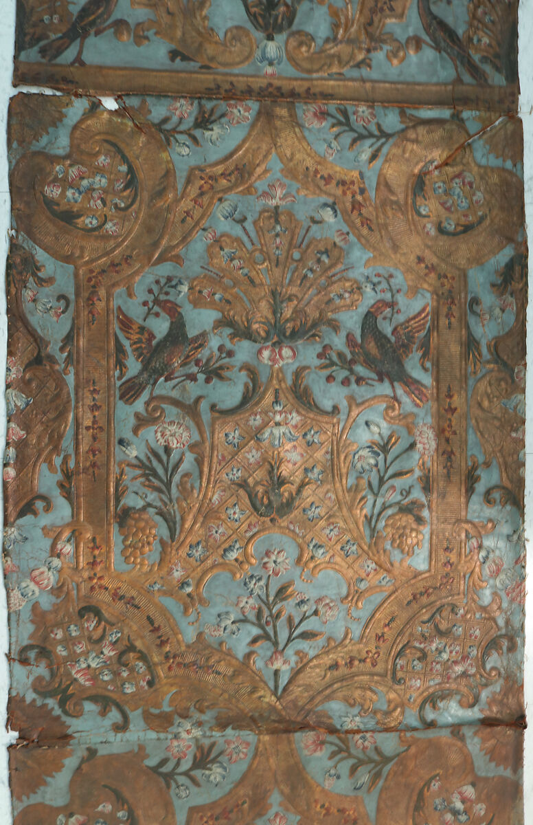 Wall hanging fragment, After a composition by Daniel Marot the Elder (French, Paris 1661–1752 The Hague), Stamped, gilded and painted leather, Dutch