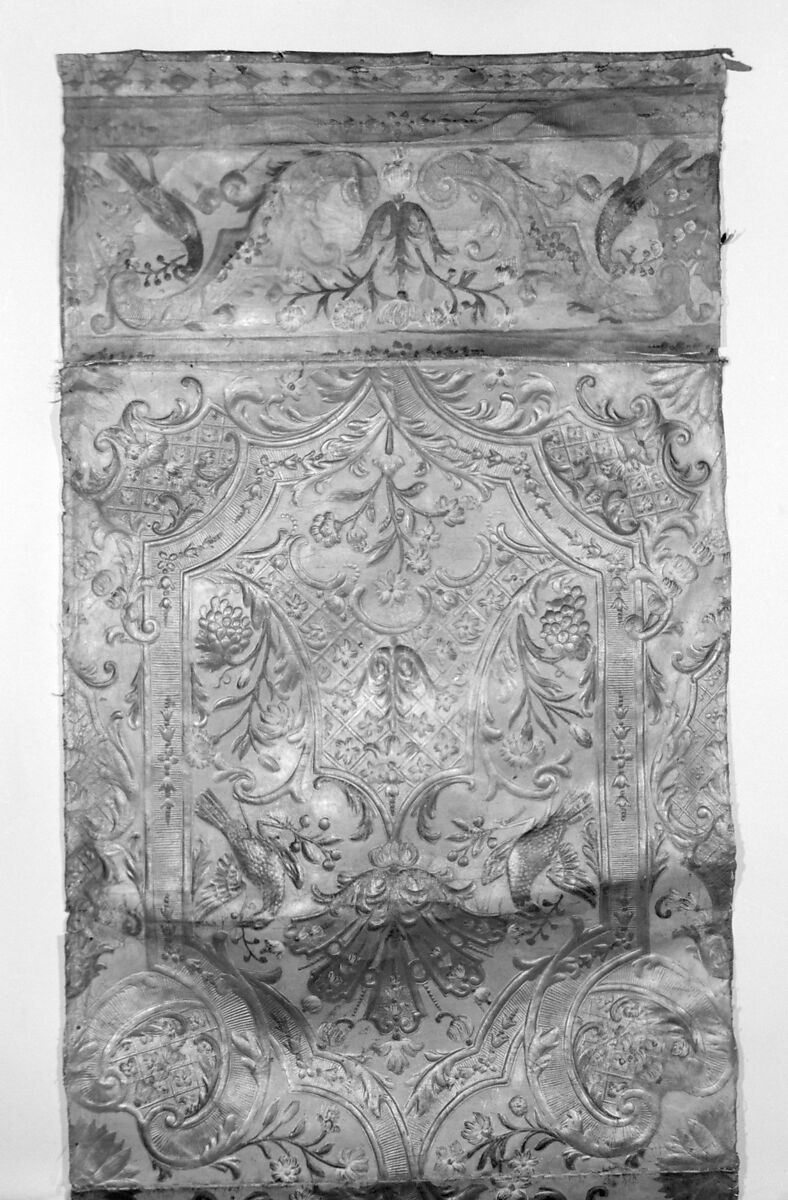 Wall hanging fragment, After a composition by Daniel Marot the Elder (French, Paris 1661–1752 The Hague), Stamped, gilded and painted leather, Dutch