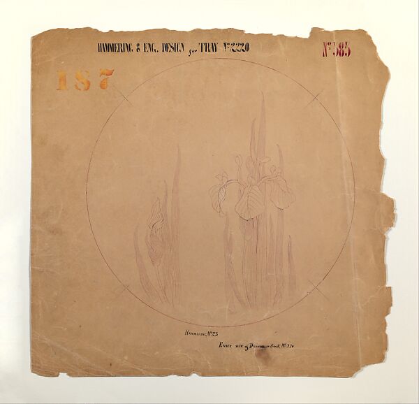 Hammering & Eng. Design for Tray No 2220, Tiffany &amp; Co. (1837–present), Ink and graphite on brown card, American 