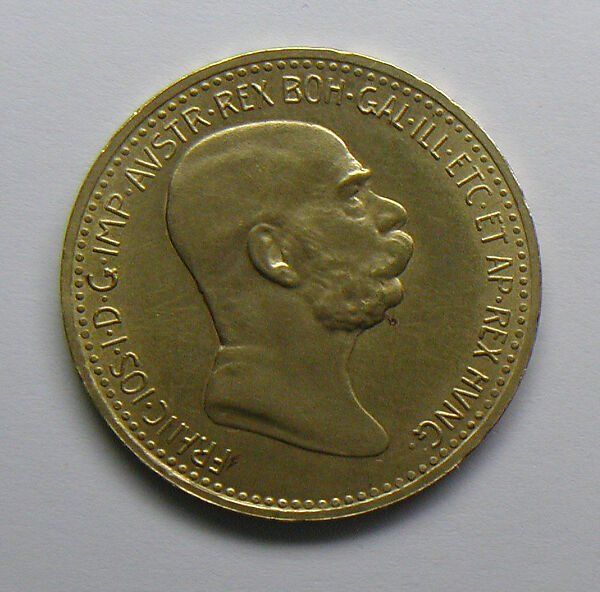 Austrian 10 crown-piece commemorating the 60th year of the reign of Emperor Francis Joseph, Design of obverse by Rudolph Ferdinand Marschall (Austrian, Vienna 1873–1967), Gold, Austrian 