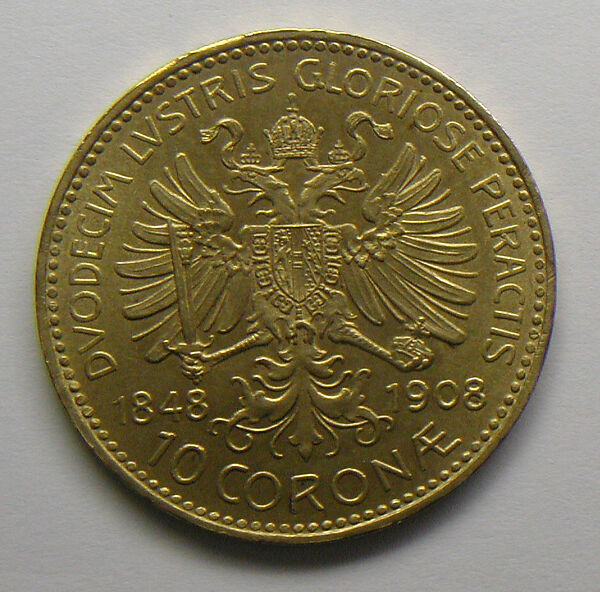 Austrian 10 crown-piece commemorating the 60th year of the reign of Emperor Francis Joseph, Design of obverse by Rudolph Ferdinand Marschall (Austrian, Vienna 1873–1967), Gold, Austrian
