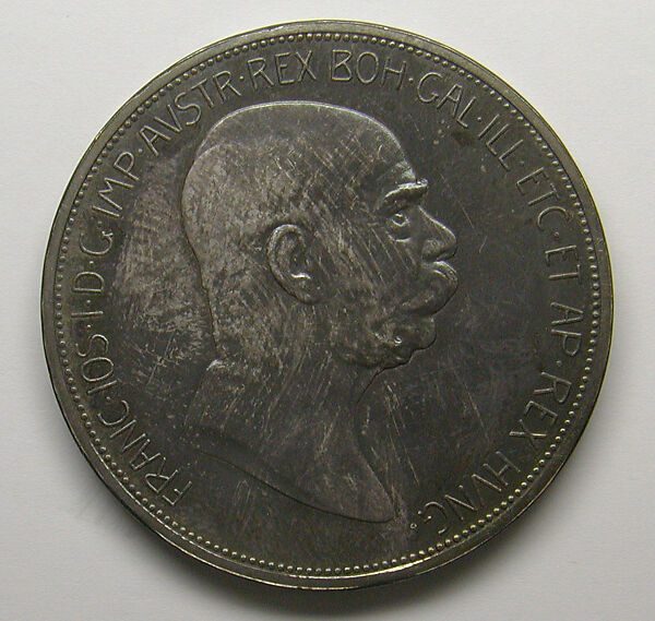 Austrian 5 crown-piece commemorating the 60th anniversary of the reign of Emperor Francis Joseph, Design of obverse by Rudolph Ferdinand Marschall (Austrian, Vienna 1873–1967), Silver, Austrian 