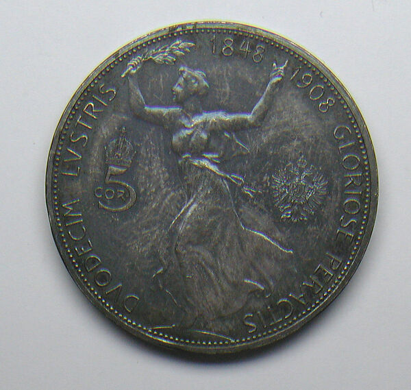 Austrian 5 crown-piece commemorating the 60th anniversary of the reign of Emperor Francis Joseph, Design of obverse by Rudolph Ferdinand Marschall (Austrian, Vienna 1873–1967), Silver, Austrian