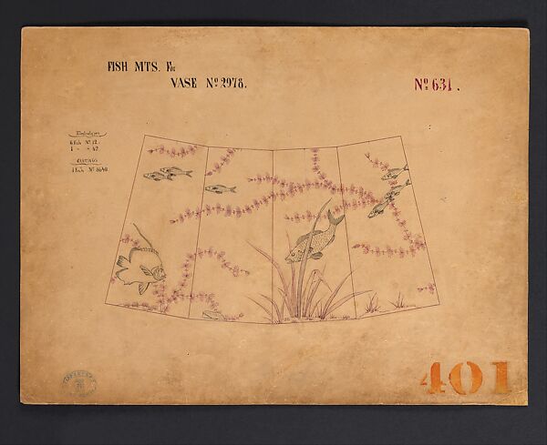 Fish Mts. for Vase No 2978, Tiffany &amp; Co. (1837–present), Ink and graphite on brown card, American 